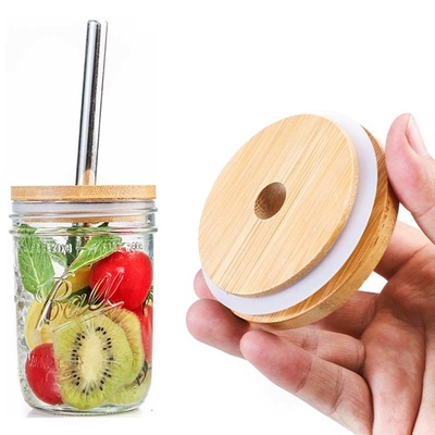 Food Kitchen Glass Storage Jar Lids Wooden Lids with Silicon Circle Well Sealed