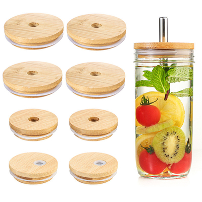 Silicon Ring Bamboo Airtight Lids Mouth Wide Mason Jar Glass Beer Can With Straw Hole