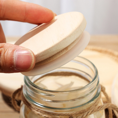 Food Kitchen Glass Storage Jar Lids Wooden Lids with Silicon Circle Well Sealed