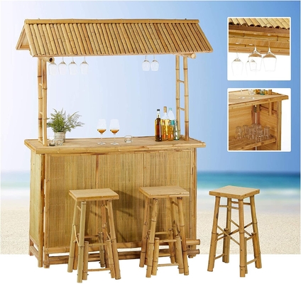 Outdoor Tiki Bar Set Adjustable Feet Outdoor Bar Table with Acacia Wood Top Storage for Party Garden Kitchen